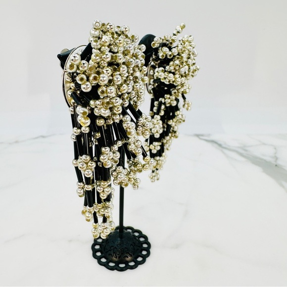 Vintage 80s Firecracker Clip On Earrings Runway Statement Dangle Black Silver - Picture 2 of 8